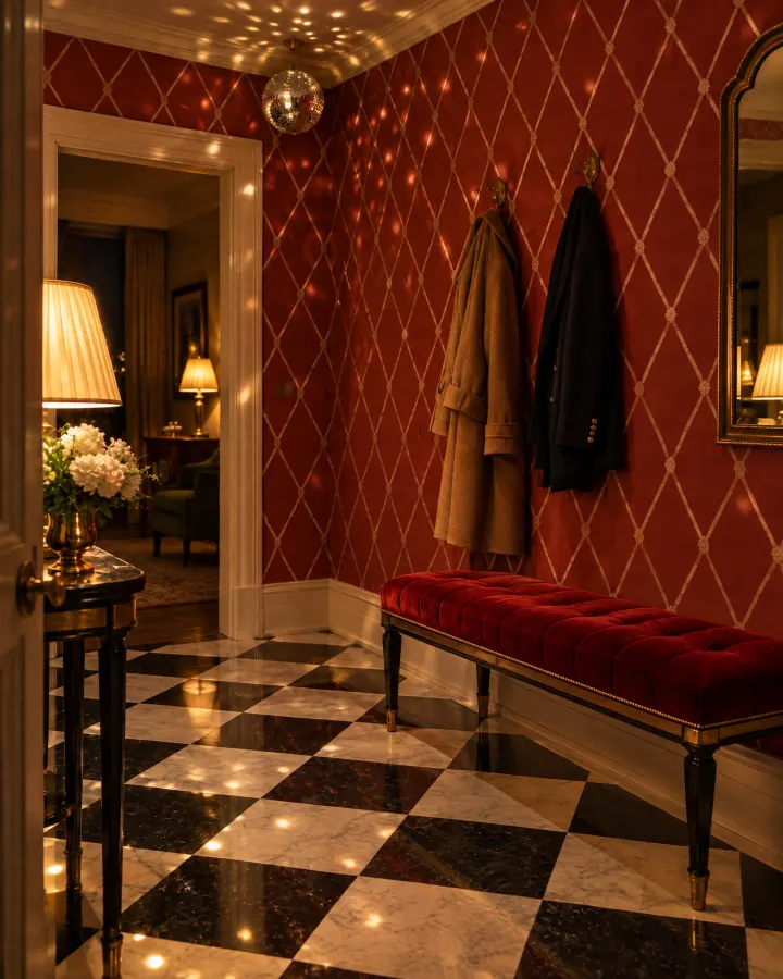 An entrance hall with a checkerboard floor, a red velvet bench and two coats on hooks